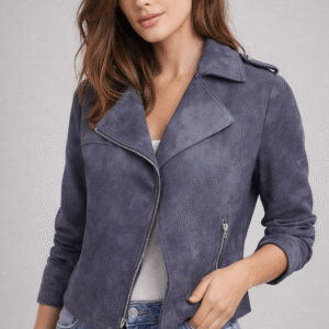 Women’s Blue Suede Leather Cropped Jacket – Stylish Casual Wear