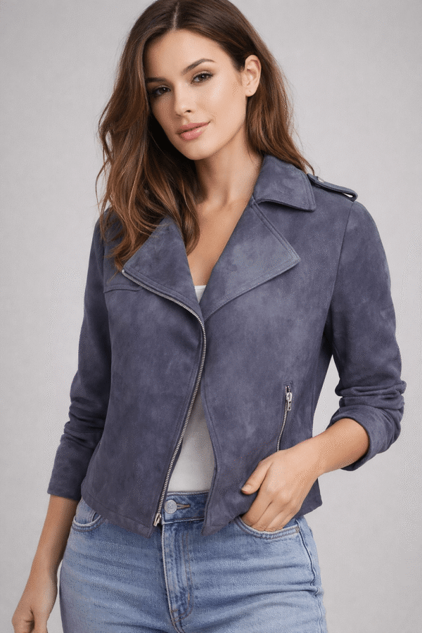 Women’s Blue Suede Leather Cropped Jacket – Stylish Casual Wear