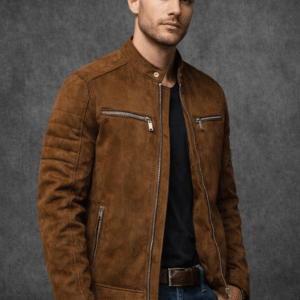 Men’s Brown Suede Leather Jacket with Zip Pockets – Winter Casual Wear