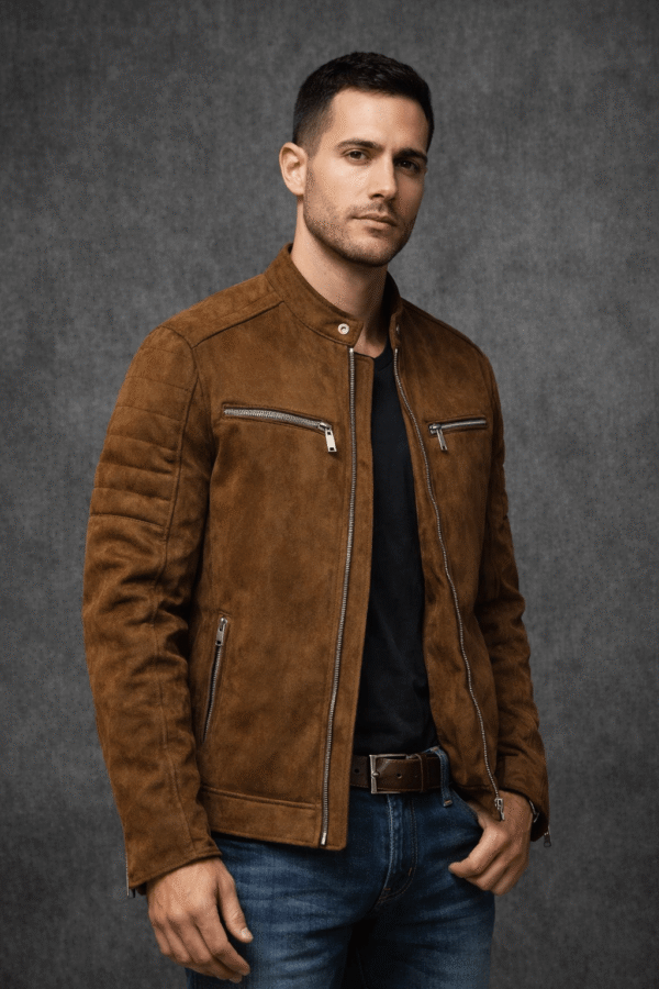 Men’s Brown Suede Leather Jacket with Zip Pockets – Winter Casual Wear