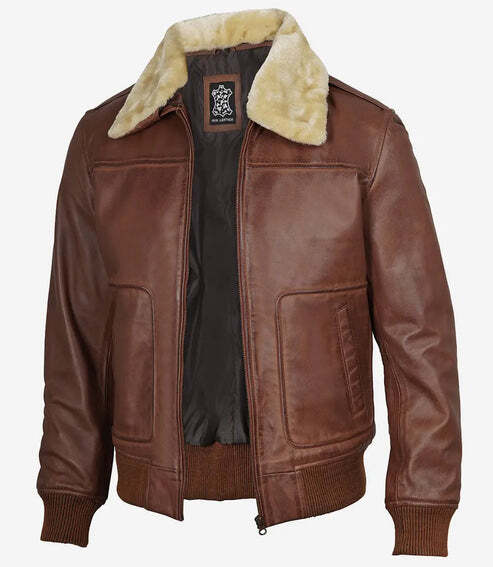 Men’s Brown Leather Bomber Jacket with Fur Collar - Image 2