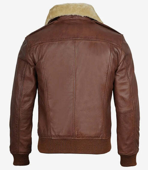 Men’s Brown Leather Bomber Jacket with Fur Collar - Image 3