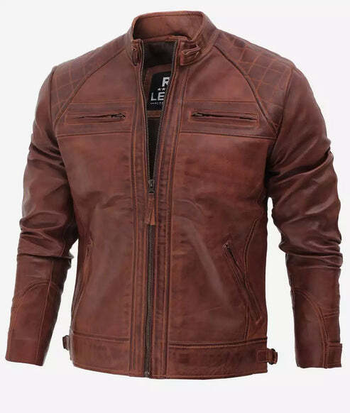 Men’s Brown Cafe Racer Genuine Leather Jacket - Image 2