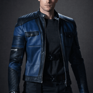 Men’s Black & Blue Biker Leather Jacket with Quilted Shoulders