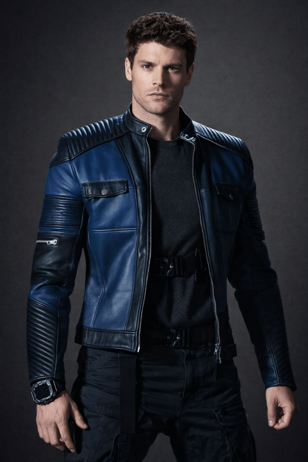 Men’s Black & Blue Biker Leather Jacket with Quilted Shoulders