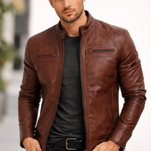 Men’s Brown Cafe Racer Genuine Leather Jacket