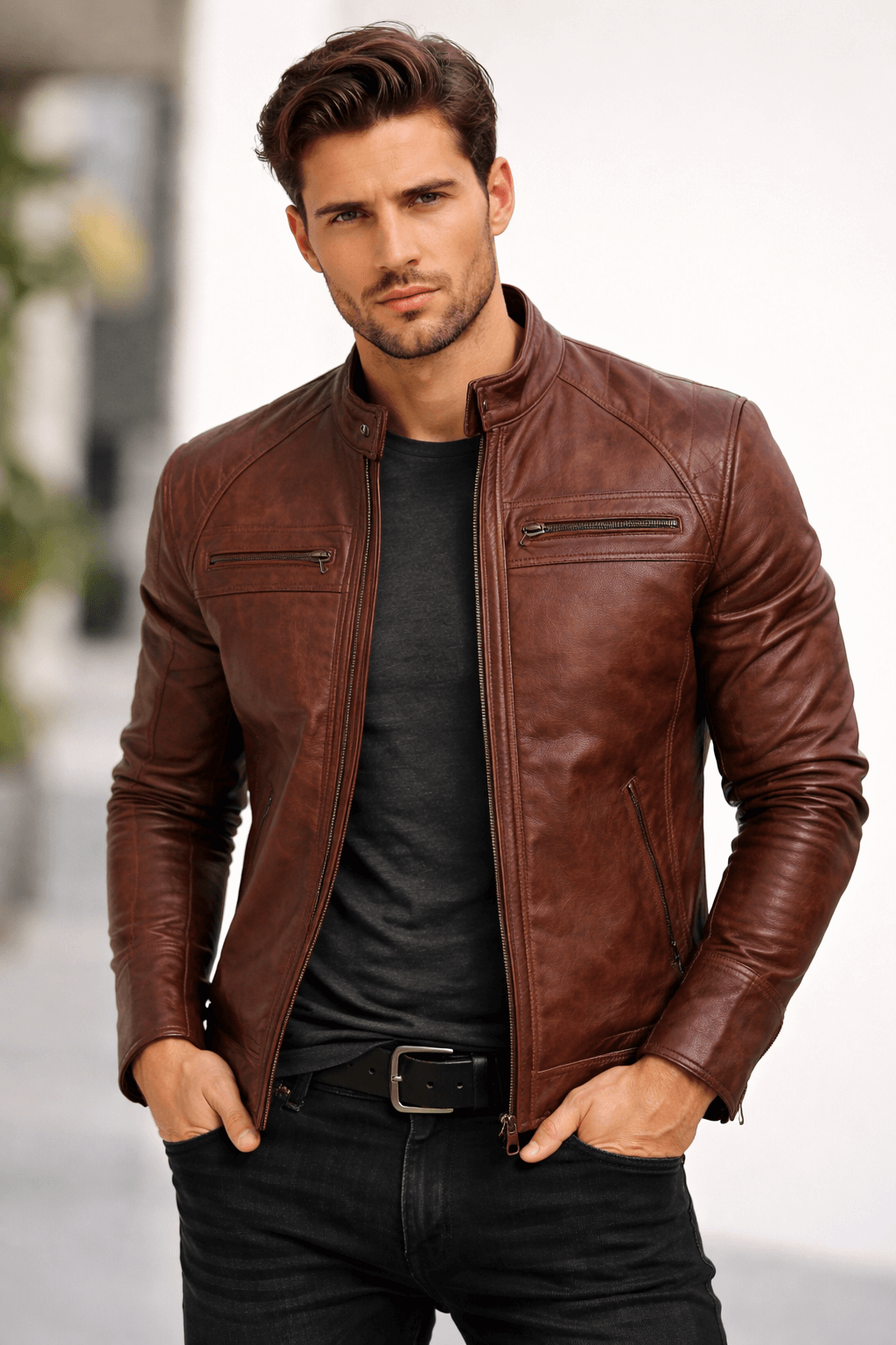 Men’s Brown Cafe Racer Genuine Leather Jacket