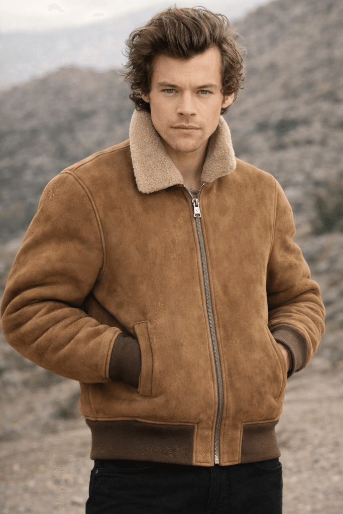 Brown Suede Bomber Jacket with Fur Collar – Celebrity Inspired
