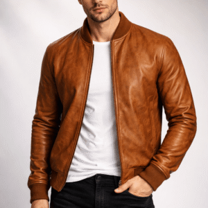 Men’s Dark Brown Genuine Leather Bomber Jacket – Classic Zip-Up Fit
