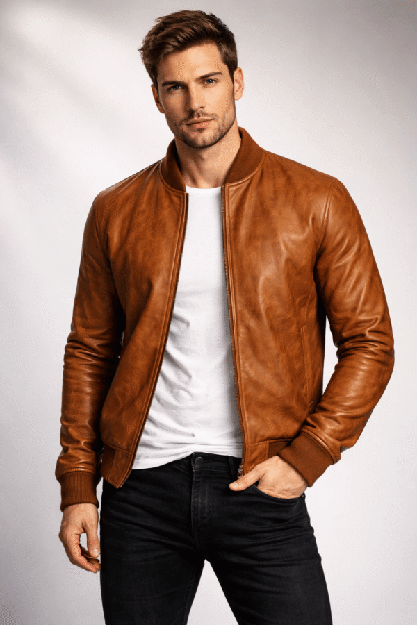 Men’s Dark Brown Genuine Leather Bomber Jacket – Classic Zip-Up Fit