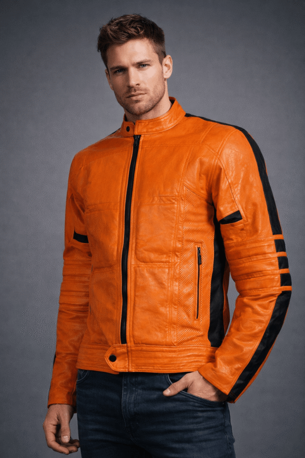 Men’s Orange Slim Fit Padded Biker Jacket
