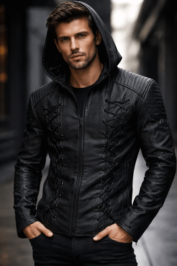 Green Arrow Men’s Black Hooded Leather Jacket