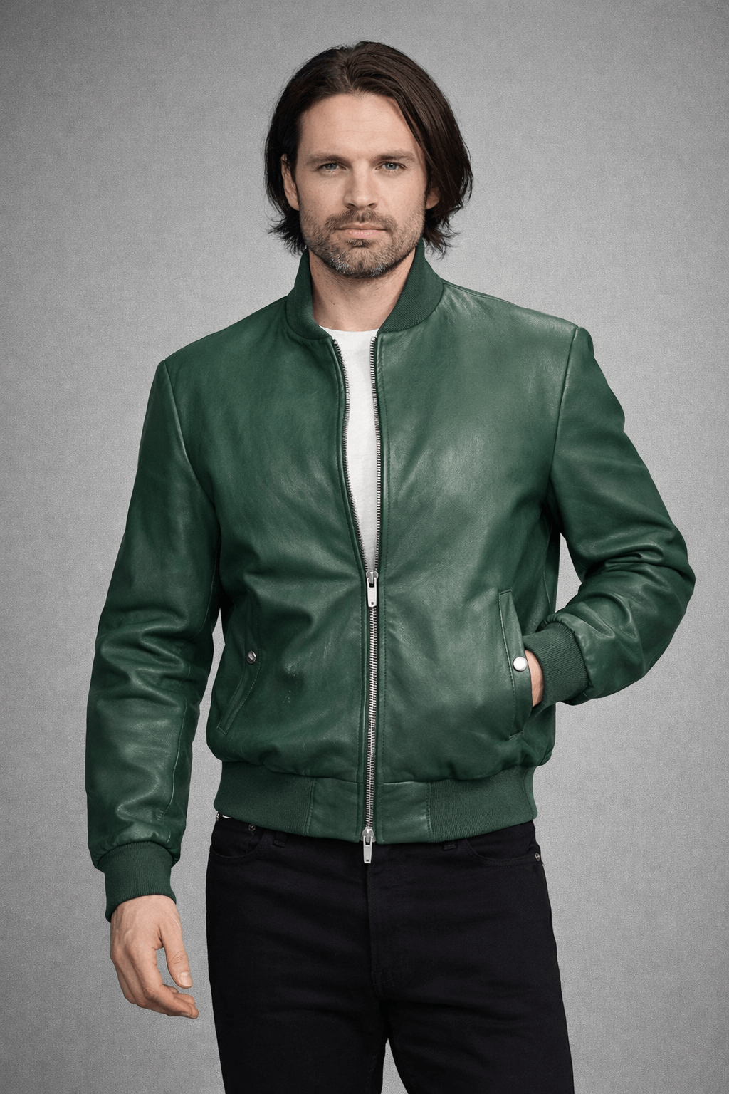 A Different Man Green Leather Bomber Jacket