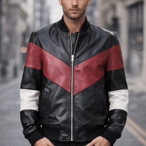 Men’s Black & Red Chevron Leather Bomber Jacket