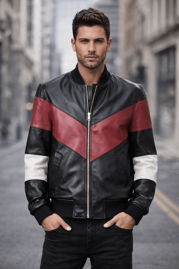 Men’s Black & Red Chevron Leather Bomber Jacket