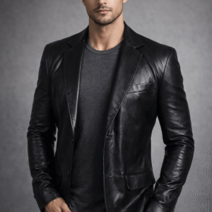 Men’s Black Leather Blazer Two Button Style