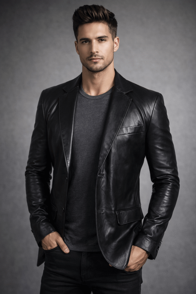 Men’s Black Leather Blazer Two Button Style