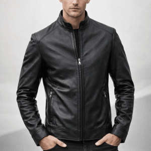 Men’s Real Black Leather Jacket – Stand Collar