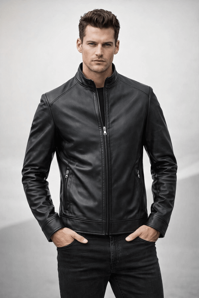 Men’s Real Black Leather Jacket – Stand Collar