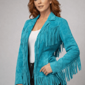 Reba McEntire Blue Fringe Suede Coat