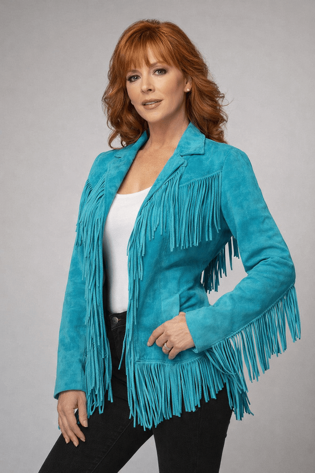 Reba McEntire Blue Fringe Suede Coat