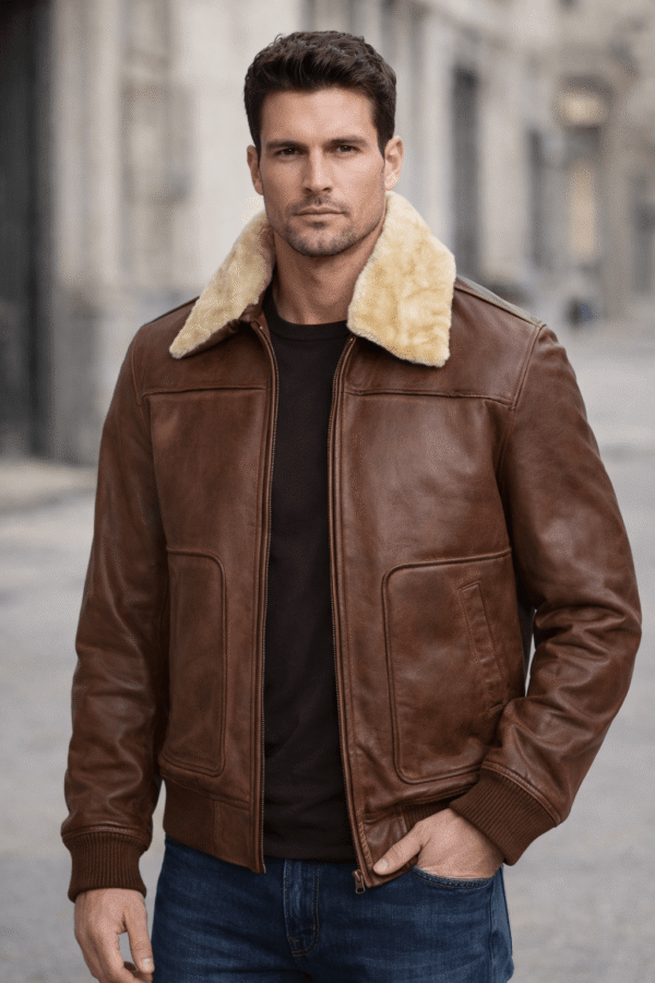 Men’s Brown Leather Bomber Jacket with Fur Collar