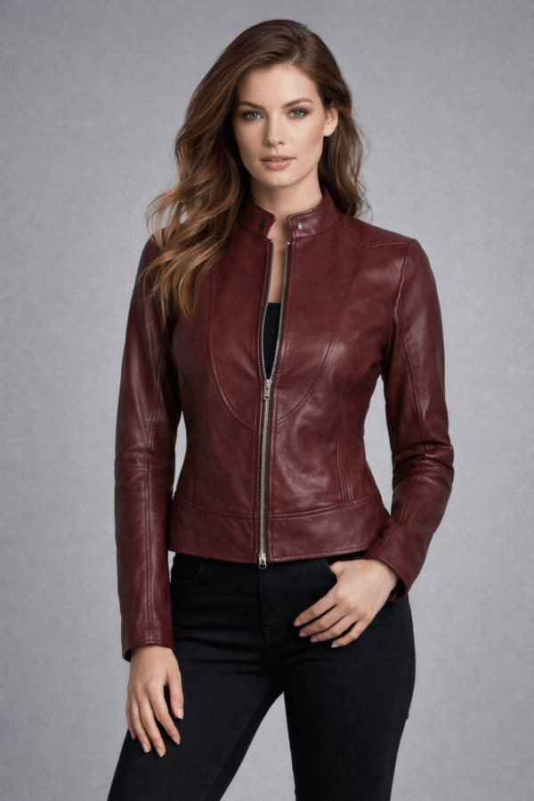 Women’s Maroon Leather Cafe Racer Jacket