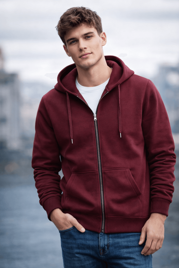 Men’s Maroon Hooded Casual Zip Jacket