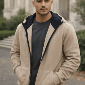 Men’s Beige Casual Zip Hoodie Jacket – Relaxed Fit
