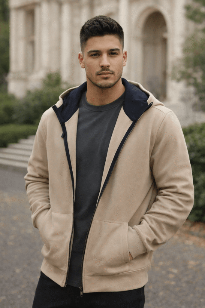 Men’s Beige Casual Zip Hoodie Jacket – Relaxed Fit