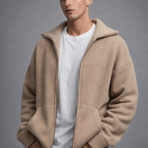 Men’s Beige Hooded Zip-Up Casual Jacket
