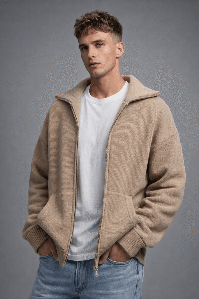 Men’s Beige Hooded Zip-Up Casual Jacket