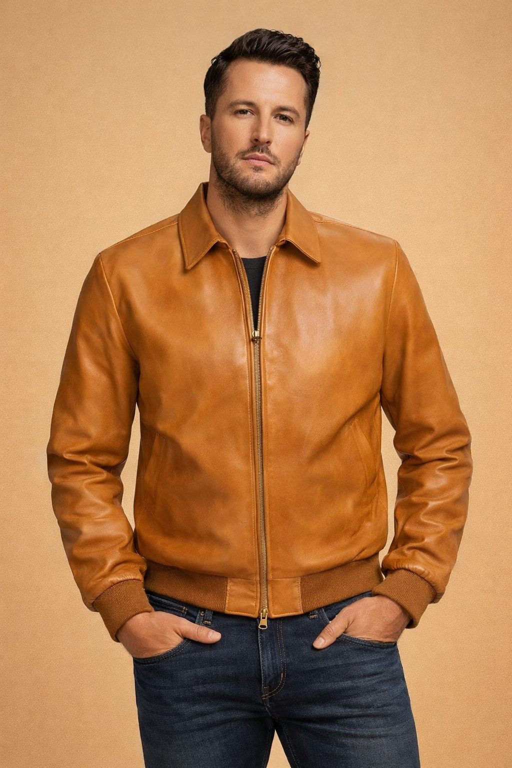 Men’s Tan Brown Leather Bomber Jacket