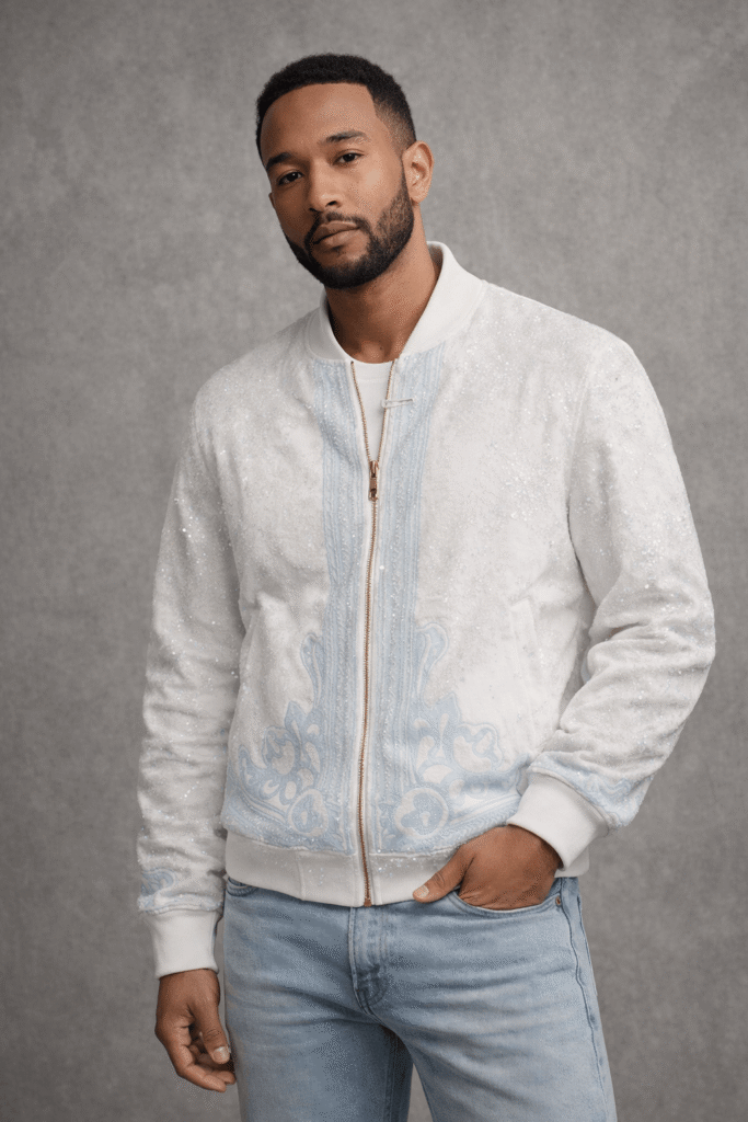 Men’s White Glossy Zip-Up Bomber Jacket