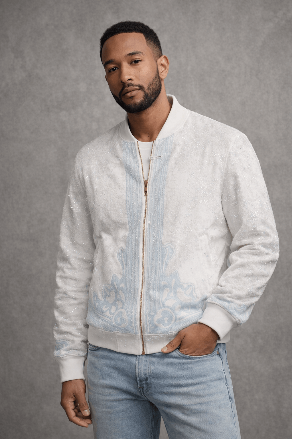 Men’s White Glossy Zip-Up Bomber Jacket