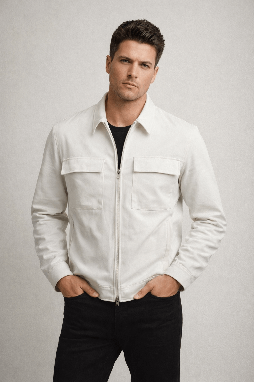 Men’s White Zip-Up Casual Jacket