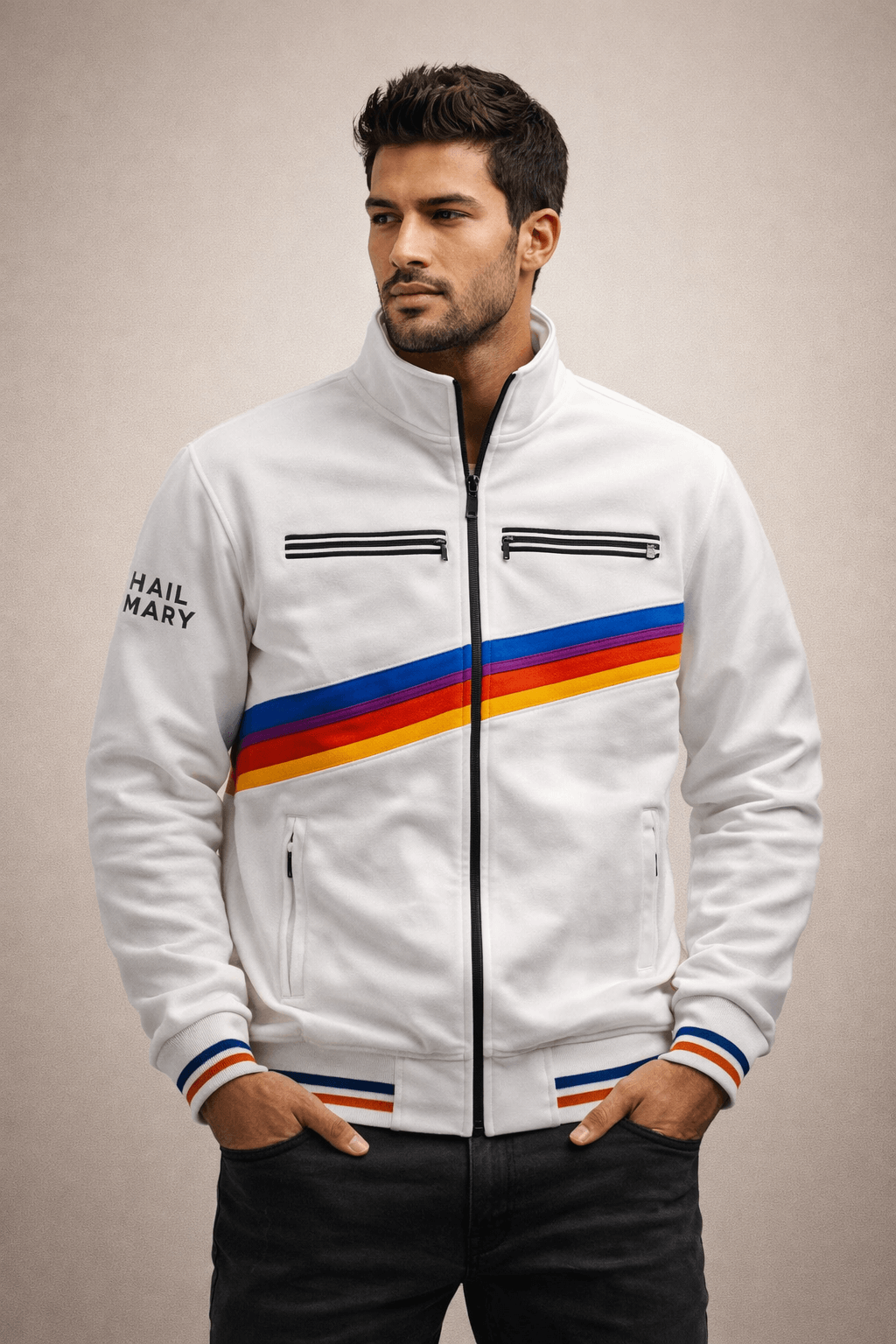 Hail Mary White Rainbow Stripe Track Jacket