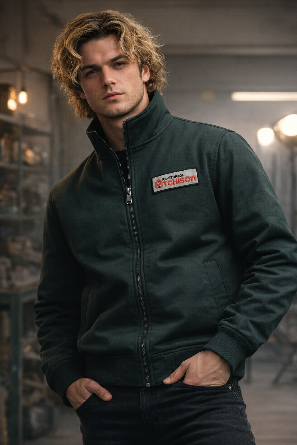 Men’s Dark Green Zip-Up Casual Jacket